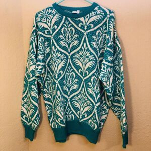 Vintage Men's Sweater Size Large Green White Wool Blend Made in Italy 80s Style